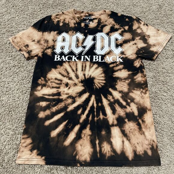 ACDC Shirt Mens Small Brown Tan Bleach Tie Dye Back in Black Concert Tour Band - Picture 1 of 6